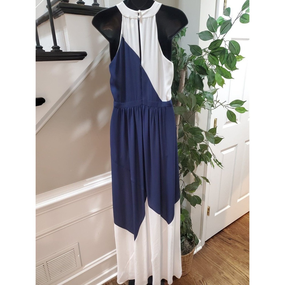 Shoshanna Blue & White Polyester Halter Sleeveless Long Maxi Dress Pockets 4 - Picture 6 of 15